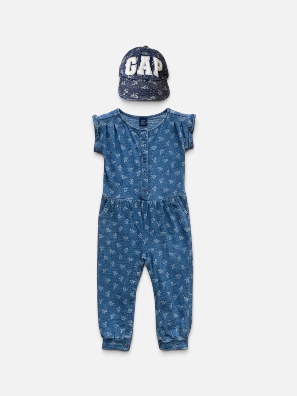 Baby Gap Floral Jumpsuit and Matching Cap Set, Baby Size 18-24mo, Blue Denim